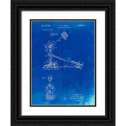PP104-Faded Blueprint Drum Kick Pedal Poster Black Ornate Wood Framed Art Print with Double Matting by Borders, Cole