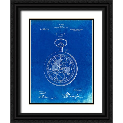 PP112-Faded Blueprint U.S. Watch Co. Pocket Watch Patent Poster Black Ornate Wood Framed Art Print with Double Matting by Borders, Cole