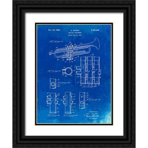 PP141- Faded Blueprint Selmer 1939 Trumpet Patent Poster Black Ornate Wood Framed Art Print with Double Matting by Borders, Cole