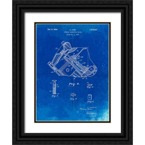 PP172- Faded Blueprint Ford V-8 Combustion Engine 1934 Patent Poster Black Ornate Wood Framed Art Print with Double Matting by Borders, Cole