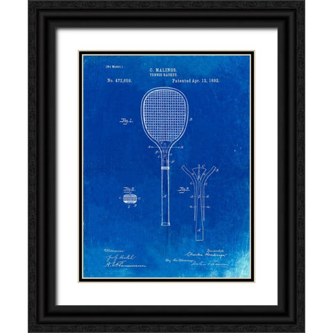 PP183- Faded Blueprint Tennis Racket 1892 Patent Poster Black Ornate Wood Framed Art Print with Double Matting by Borders, Cole