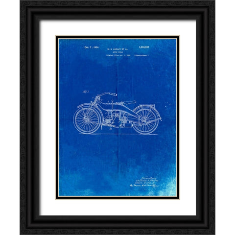 PP194- Faded Blueprint Harley Davidson Motorcycle 1919 Patent Poster Black Ornate Wood Framed Art Print with Double Matting by Borders, Cole