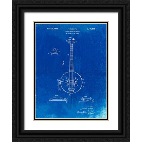 PP242-Faded Blueprint Modern Banjo Patent Poster Black Ornate Wood Framed Art Print with Double Matting by Borders, Cole