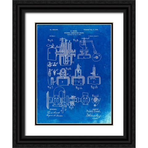 PP257-Faded Blueprint Diesel Engine 1898 Patent Poster Black Ornate Wood Framed Art Print with Double Matting by Borders, Cole