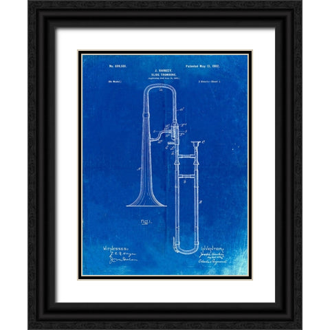 PP261-Faded Blueprint Slide Trombone Patent Poster Black Ornate Wood Framed Art Print with Double Matting by Borders, Cole
