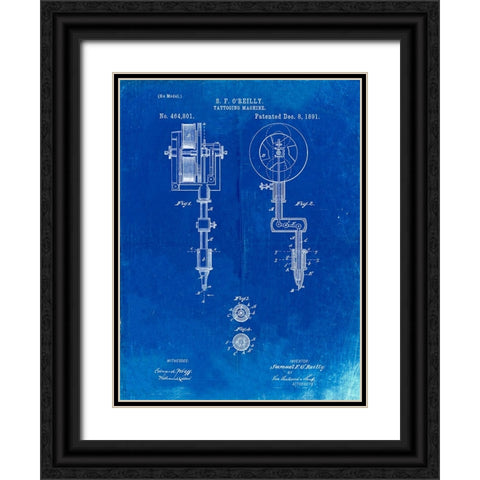 PP308-Faded Blueprint Tattooing Machine Patent Poster Black Ornate Wood Framed Art Print with Double Matting by Borders, Cole