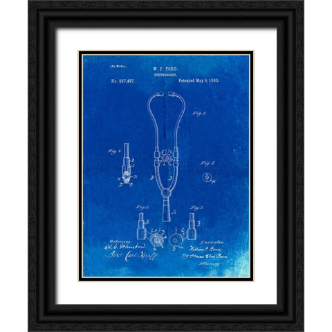 PP315-Faded Blueprint Stethoscope Patent Poster Black Ornate Wood Framed Art Print with Double Matting by Borders, Cole