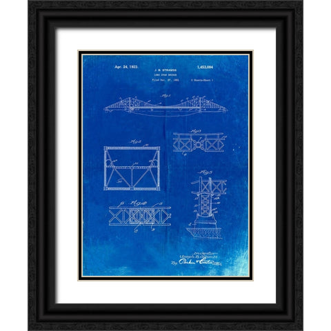 PP350-Faded Blueprint Golden Gate Bridge Patent Poster Black Ornate Wood Framed Art Print with Double Matting by Borders, Cole