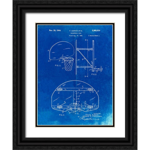 PP381-Faded Blueprint Basketball Goal Patent Print Black Ornate Wood Framed Art Print with Double Matting by Borders, Cole