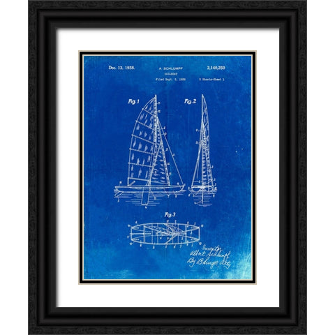 PP769-Faded Blueprint Collapsable Sailboat Poster Black Ornate Wood Framed Art Print with Double Matting by Borders, Cole