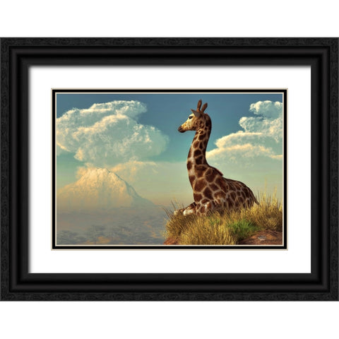 Giraffe And Distant Mountain Black Ornate Wood Framed Art Print with Double Matting by Eskridge, Daniel