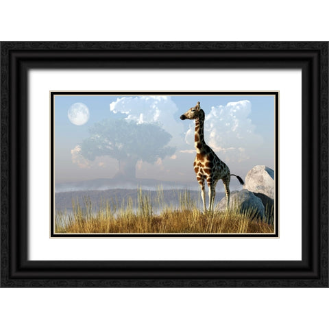Giraffe And Giant Tree Black Ornate Wood Framed Art Print with Double Matting by Eskridge, Daniel