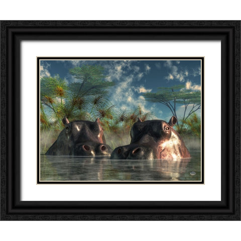Hippos Coming To Get You Black Ornate Wood Framed Art Print with Double Matting by Eskridge, Daniel