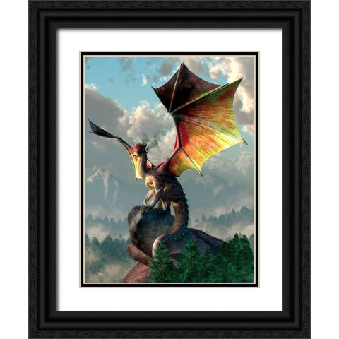 Yellow Winged Dragon Black Ornate Wood Framed Art Print with Double Matting by Eskridge, Daniel