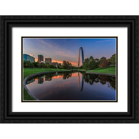 Gateway Arch Reflection Sunset Black Ornate Wood Framed Art Print with Double Matting by Galloimages Online