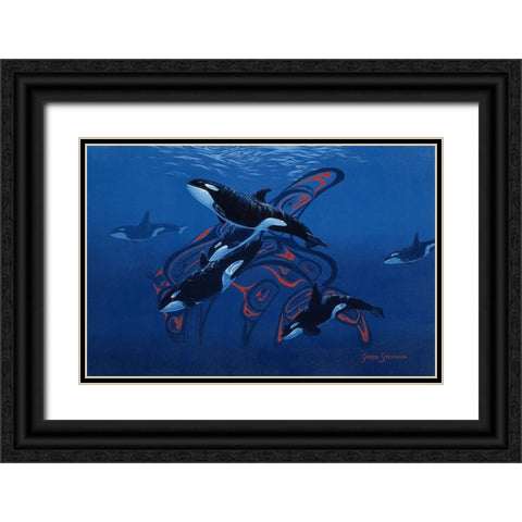 Blue Orcas Black Ornate Wood Framed Art Print with Double Matting by Stevenson, Graeme