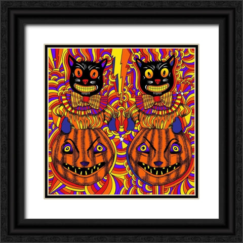 Pumpkins and Cats Black Ornate Wood Framed Art Print with Double Matting by Green, Howie
