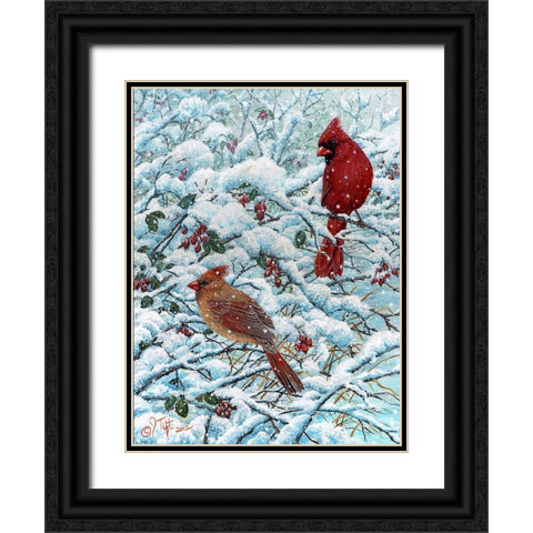 Winter Cardinal Painting Black Ornate Wood Framed Art Print with Double Matting by Tift, Jeff
