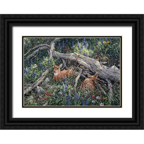 Fawns And Flowers Black Ornate Wood Framed Art Print with Double Matting by Tift, Jeff