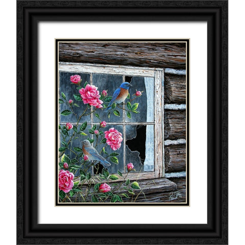 Roses And Bluebirds Black Ornate Wood Framed Art Print with Double Matting by Tift, Jeff