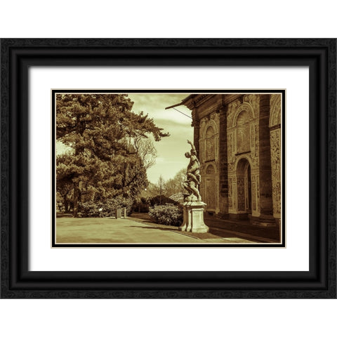 Ball Game Hall And Sculpture Night in Prague Black Ornate Wood Framed Art Print with Double Matting by Jenny Rainbow Fine Art