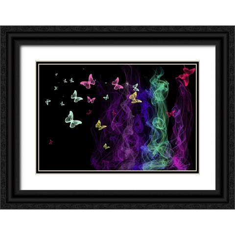Neon Butterflies Black Ornate Wood Framed Art Print with Double Matting by Jenny Rainbow Fine Art