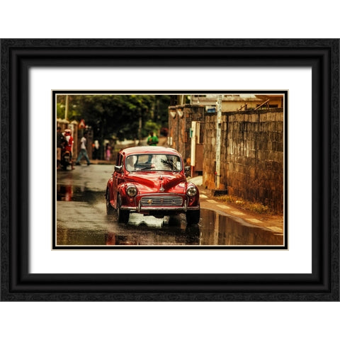 Red Retromobile Morris Minor Black Ornate Wood Framed Art Print with Double Matting by Jenny Rainbow Fine Art