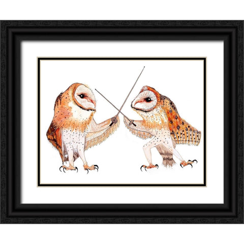Dueling Owls Black Ornate Wood Framed Art Print with Double Matting by Kwerki Studios
