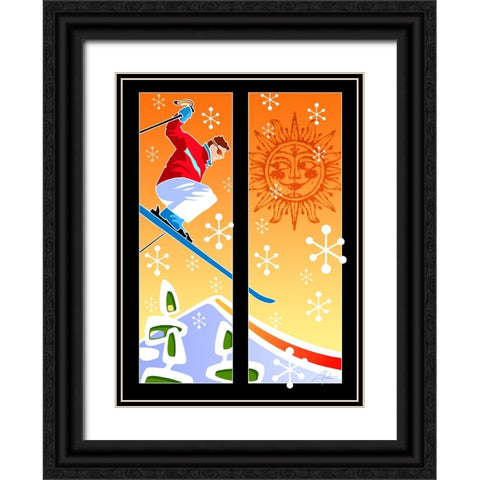 Skier Powder Black Ornate Wood Framed Art Print with Double Matting by Hunter, Larry