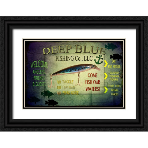 Fishing - Deep Blue LLC sign Black Ornate Wood Framed Art Print with Double Matting by LightBoxJournal