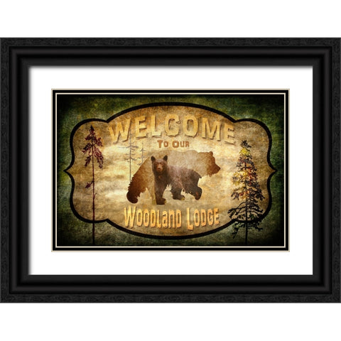 Welcome - Lodge Black Bear 2 Black Ornate Wood Framed Art Print with Double Matting by LightBoxJournal