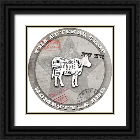 American Butcher Shop Round Cow Black Ornate Wood Framed Art Print with Double Matting by LightBoxJournal