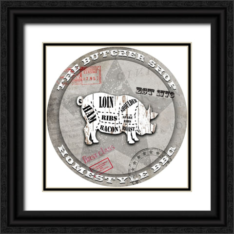 American Butcher Shop Round Pig Black Ornate Wood Framed Art Print with Double Matting by LightBoxJournal
