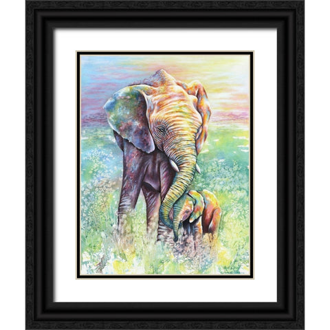 Mother And Baby Elephant Rainbow Colors Black Ornate Wood Framed Art Print with Double Matting by Wickstrom, Martin