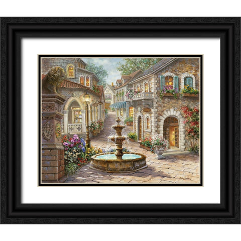 Cobblestone Fountain Black Ornate Wood Framed Art Print with Double Matting by Boehme, Nicky