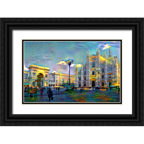 Milan Italy Piazza del Duomo Black Ornate Wood Framed Art Print with Double Matting by Gavidia, Pedro