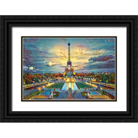 Paris France  Fontaines de Chaillot and Eiffel Tower seen from the Place du Trocadero Black Ornate Wood Framed Art Print with Double Matting by Gavidia, Pedro