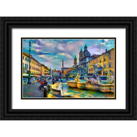 Rome Italy Piazza Navona Black Ornate Wood Framed Art Print with Double Matting by Gavidia, Pedro