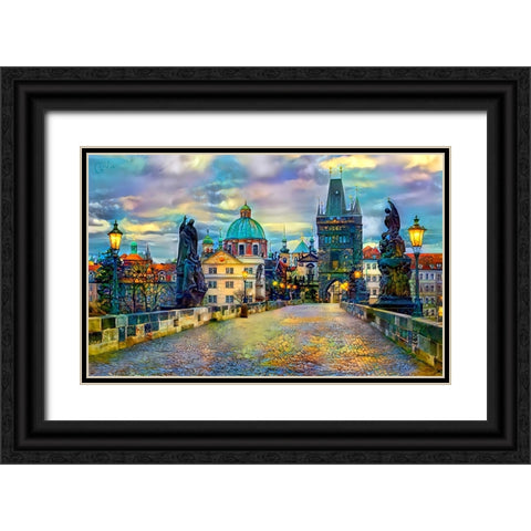 Prague Czech Republic Charles Bridge Black Ornate Wood Framed Art Print with Double Matting by Gavidia, Pedro