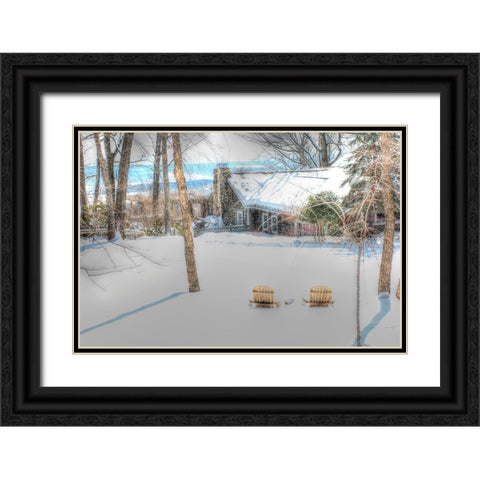 Winter Adirondak Chairs Black Ornate Wood Framed Art Print with Double Matting by Goldwitz, Robert