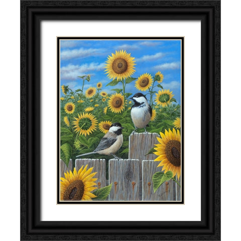 Chickadees And Sunflowers Black Ornate Wood Framed Art Print with Double Matting by Wavra, Robert