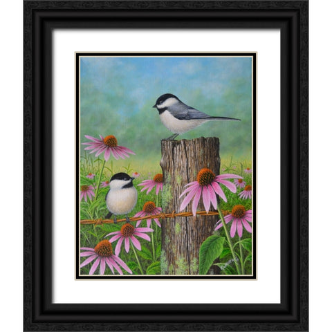 Chickadees and Coneflowers Black Ornate Wood Framed Art Print with Double Matting by Wavra, Robert
