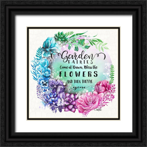 Garden Fairires Come at Dawn Wreath (with text) - Garden Whimzies Black Ornate Wood Framed Art Print with Double Matting by Sheena Pike Art