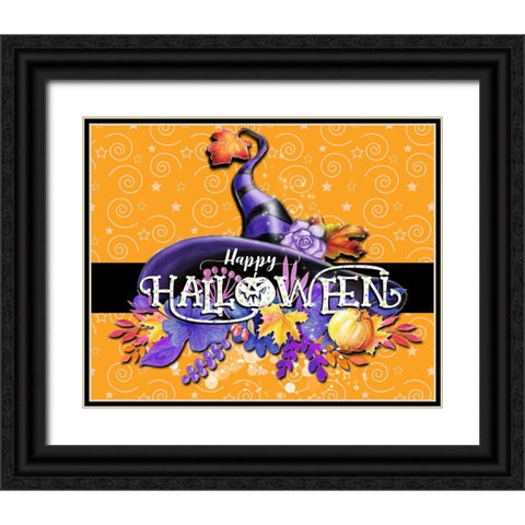 Happy Halloween Sign - Witch Hat Black Ornate Wood Framed Art Print with Double Matting by Sheena Pike Art