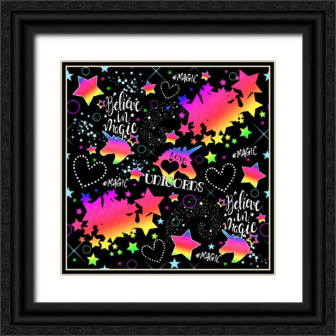Neon Unicorn Pattern Black Ornate Wood Framed Art Print with Double Matting by Sheena Pike Art