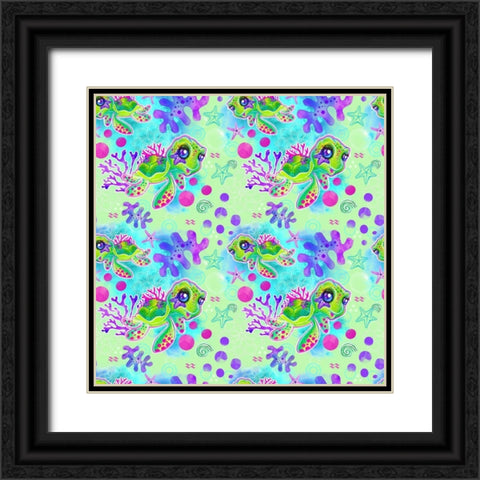 Neon Turtle Pattern Black Ornate Wood Framed Art Print with Double Matting by Sheena Pike Art