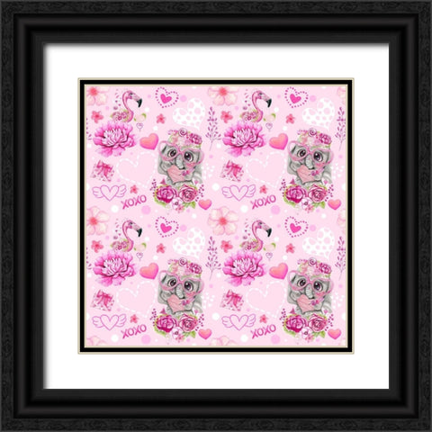 Pink Valentine Elephant And Flamingo Pattern Black Ornate Wood Framed Art Print with Double Matting by Sheena Pike Art
