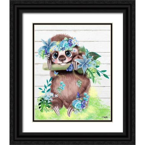 Just Hanging Out Butterfly Sloth Black Ornate Wood Framed Art Print with Double Matting by Sheena Pike Art