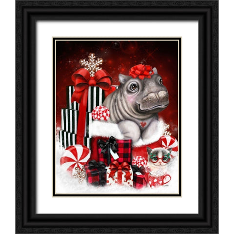 Cutesie Hippo Christmas Surprise Black Ornate Wood Framed Art Print with Double Matting by Sheena Pike Art