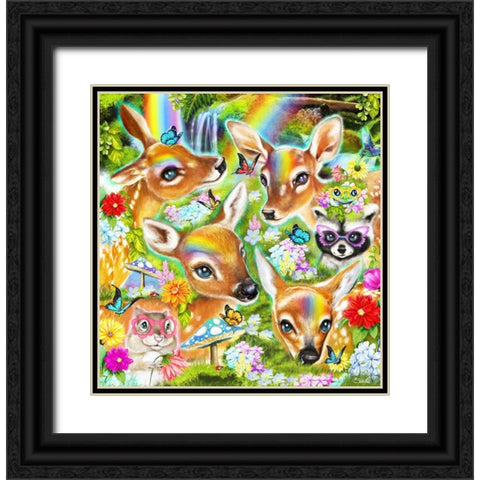 Fawns n Flowers Black Ornate Wood Framed Art Print with Double Matting by Sheena Pike Art